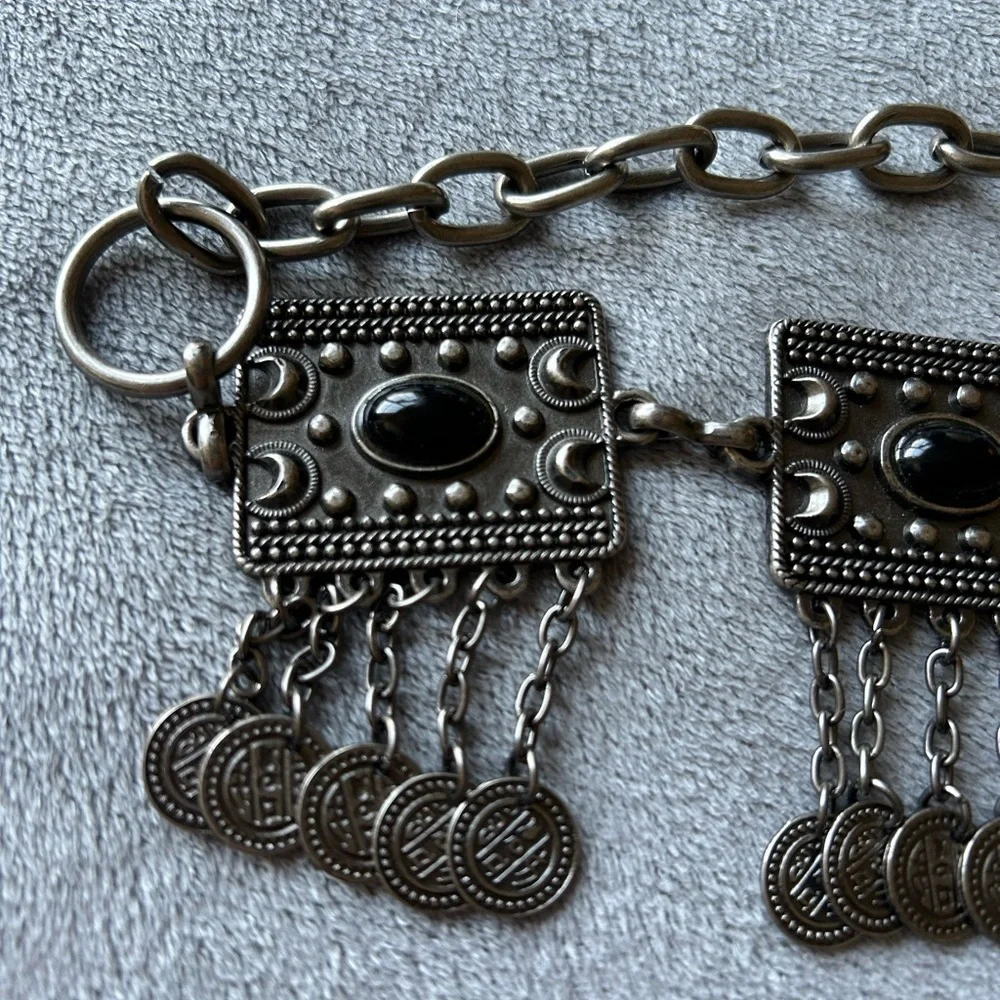 Vintage Silver Heavy Metal Moon coin belt with black stones!